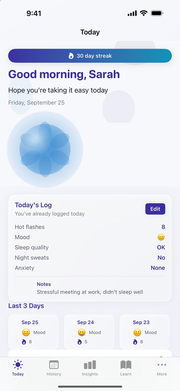 The SmartMenopause Today screen showing a streak, today's log and recent days